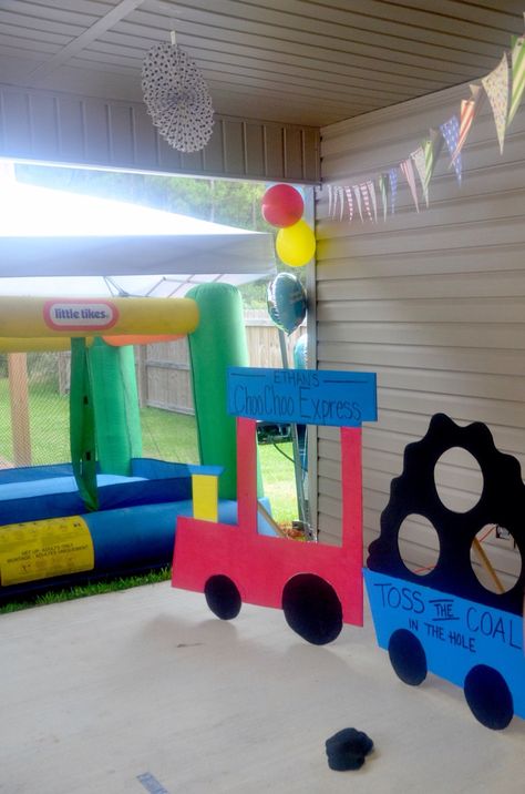 Toss The Coal In The Hole, Train Photobooth, Train Party Games, Train Birthday Theme, Thomas Party, Train Theme Birthday Party, Thomas Birthday Parties, Thomas The Train Birthday Party, Thomas The Train Party