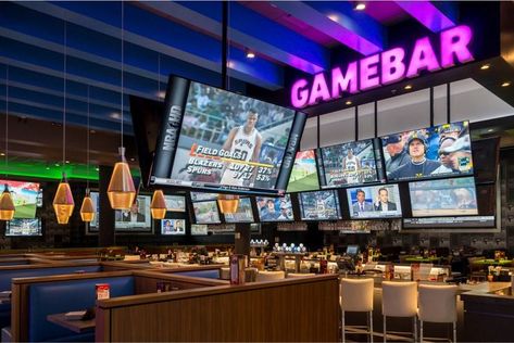 American Sports Bar, Dave And Busters, Bar Lounge Room, Bistro Design, Lightning Tattoo, Dave & Busters, Nba Sports, American Sports, Sports Bar