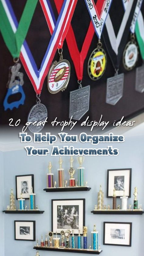 Sports Medals Display Ideas, Medals And Trophy Display Ideas, Display Awards Ideas, Sports Medal Display Ideas Diy, Plaque Display Ideas, Trophy And Medal Display Ideas Shelves, Sports Awards Display Ideas, How To Display Trophies, Trophy Display Ideas Living Room