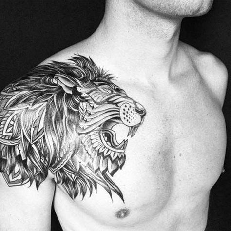 Lion Tattoo Images, Lion Chest Tattoo, Roaring Lion Tattoo, Lion Shoulder Tattoo, Tattoo Lion, Mens Lion Tattoo, Tattoo Trend, Mens Shoulder Tattoo, Lion Tattoo Design