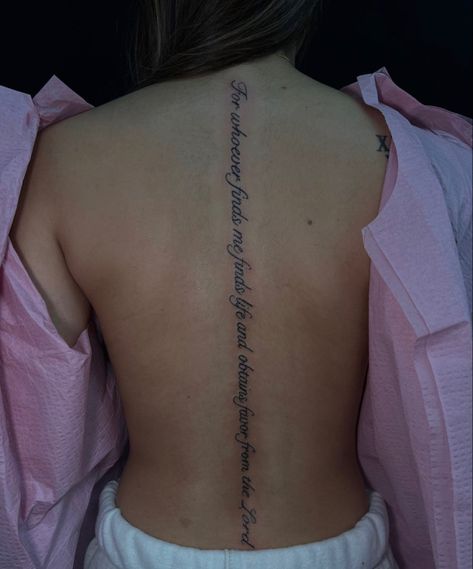 Spine Tat And Tramp Stamp, Spine Tattoo Fonts, Spine Tats Quotes, Christian Spine Tattoos For Women, Back Tattoo Quotes, Spine Tattoo Quotes, Him And Her Tattoos, Underboob Tattoo Designs, Forever Tattoo