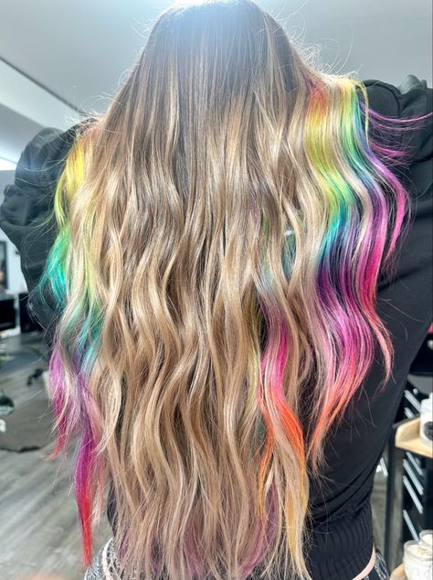 Blonde Hair Colored Money Piece, Blonde Hair With Rainbow Money Piece, Vivid Money Piece Hair Blonde, Rainbow Blonde Hair, Rainbow Highlights In Blonde Hair, Blonde With Vivid Color, Blonde Hair With Vivid Colors, Blonde And Vivid Hair Color, Vivid Hair Color Ideas Blondes