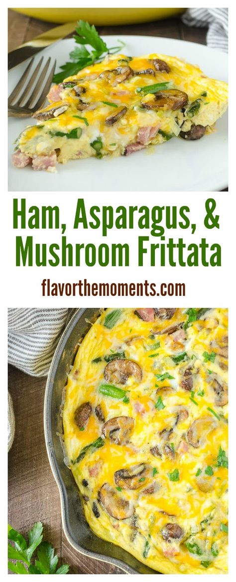 Ham, Asparagus, and Mushroom Frittata is packed with spring veggies, diced ham, and plenty of cheese. It's perfect breakfast, brunch, or brinner! @FlavortheMoment Pepper Frittata, Ham Asparagus, Fritata Recipe, Asparagus Frittata, Mushroom Frittata, Spring Veggies, Asparagus And Mushrooms, Frittata Recipes, Asparagus Recipe