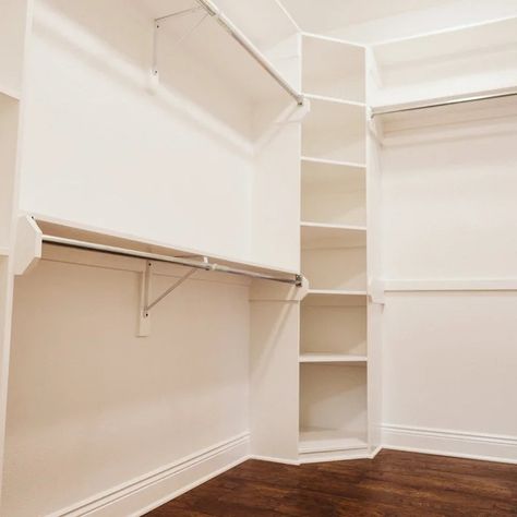 Angled Corner Closet - Photos & Ideas | Houzz Small Closet With Corner Shelves, Corner Shelf In Closet, Corner Solutions For Closets, Custom Closet Corner Ideas, Corner Of Closet Ideas, Corner Closet Storage, Diy Corner Closet Shelves, Diy Corner Closet Ideas, Corner Walk In Closet