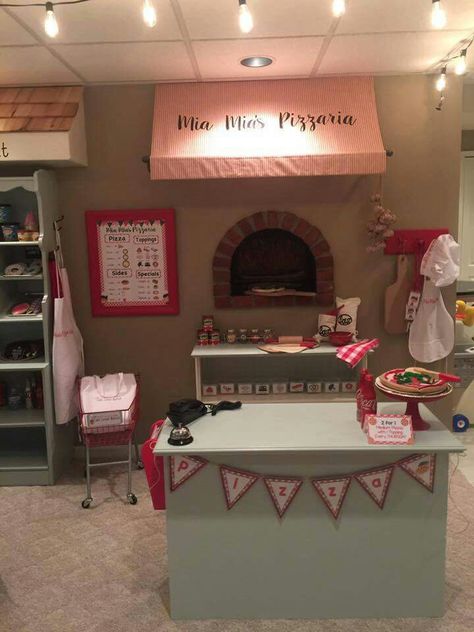 Diy Kids Play, Kids Indoor Playhouse, Grandkids Room, Kids Restaurants, Diy Kids Furniture, Indoor Playhouse, Diy Playhouse, Pizza Shop, Build A Playhouse