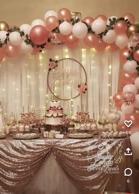 Sweet 16 Party Ideas Rosegold, Rose Gold Princess Party, Bridal Shower Backdrop Balloons And Flowers, Rose Gold Theme Birthday Party Decorations, Sweet 16 Rose Gold Theme Decorations, Elegant Birthday Party Decor, Rose Gold And Black Sweet 16, Rose Gold 13th Birthday Party Ideas, Rose Gold Themed Birthday Party Ideas