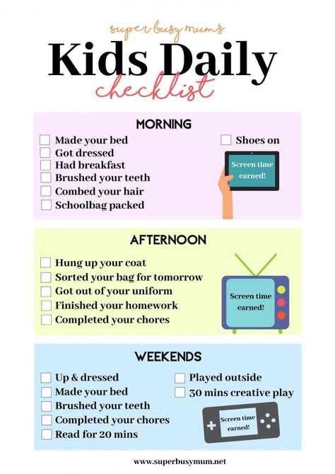 Screentime Checklist For Kids, Routine Printables Free, Family Routine Ideas, Things To Do With Your Mum, Daily Tasks For Kids, Kids To Do List Printable Free, Weekend Schedule For Kids, Weekend Routine For Kids, Family Routine Daily Schedules