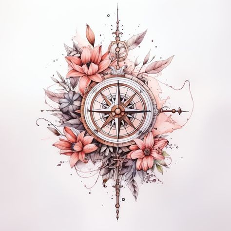 Compus Tattoos Designs For Women, Womens Tattoo Ideas Unique Beautiful, Compass Tattoo With Flowers, Detailed Tattoos For Women, Creative Tattoo Ideas For Women Unique, Compass With Flowers Tattoo, Floral Compass Tattoo, Feminine Compass Tattoo Design, Compass Tattoo Feminine