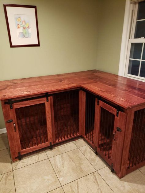 Custom Corner L-Shaped Kennel with Barn doors. | Etsy Dog Corner Ideas, Coffee Table Dog Crate, Crate Tv Stand, Dog Cabinet, Custom Dog Kennel, Kennel Furniture, Dog Crate End Table, Dog Crate Table, Furniture Style Dog Crate