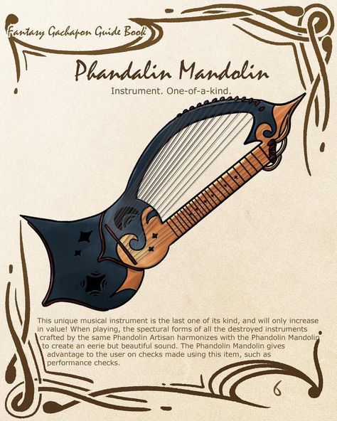 Mandolins are cool instruments already, but I decided to combine this one with a harp to make it a little more magical. Cool Instruments, Bard Instruments, Dnd Loot, 5e Items, Fantasy Costco, Dnd Bard, Instrument Craft, Dnd Magic, Dnd Homebrew