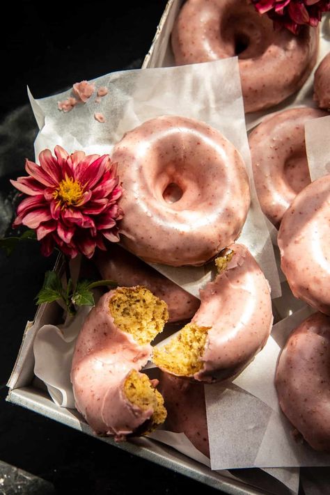 Baked Strawberry Glazed Doughnut. Strawberry Doughnut, Glazed Doughnut, Half Baked Harvest Recipes, Carrot Cake Muffins, Glazed Doughnuts, Strawberry Donuts, Strawberry Glaze, Baked Strawberries, Harvest Recipes