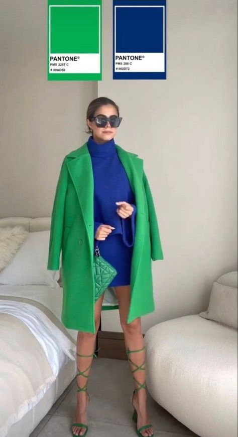 Royal Blue And Green Outfits For Women, Green Dress Color Combinations, Green Color Combos Outfit, Green Color Block Outfit, Cobalt Blue Outfit Color Combos, Best Color Combinations Outfits Womens Fashion, Green Color Blocking Outfits, Blue And Green Outfits For Women, Blue Color Block Outfit