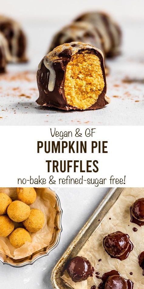 Gf Pumpkin Pie, Healthy Thanksgiving Dessert, Pumpkin Pie Truffles, Healthy Halloween Candy, Vegan Halloween Treat, Healthy Thanksgiving Desserts, Vegan Halloween Food, Pumpkin Truffles, No Bake Pumpkin