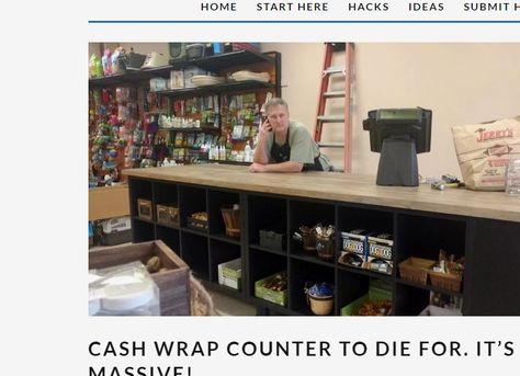 Cash wrap counter to die for. It's massive! - IKEA Hackers Ikea Kallax Retail Display, Kallax Retail Display, Retail Counter Diy, Cash Wrap Counter Boutiques, Cash Wrap Counter, Ikea Cubes, Check Out Counter, Ikea Kallax Shelving, Kallax Shelving