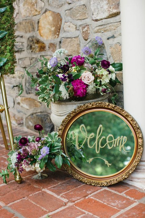 Unique welcome sign on mirror for wedding - English Garden Party Wedding Inspiration - Lauren Schwarz Photography English Garden Party, Garden Wedding Centerpieces, Garden Party Bridal Shower, Secret Garden Parties, English Garden Wedding, Garden Bridal Showers, Garden Party Decorations, Wedding Entrance, Tea Party Garden