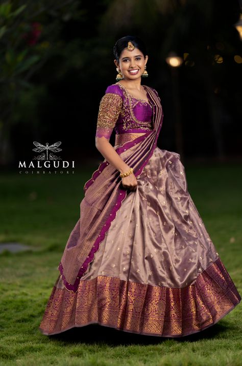 Bridal reception lehenga idea Lehanga For Marriage, Saree Half Saree Designs, Bridal Half Sarees South Indian, Lehenga Designs In Saree, Dual Colour Blouse Designs, Saree Type Lehenga, Bridal Pattu Lehengas, Half Saree Designs For Engagement, South Indian Lehenga Half Saree Bridal