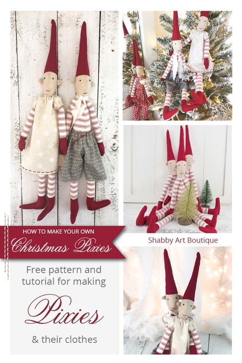 Christmas Gnome Sewing Patterns, Christmas Elf Sewing Pattern, Christmas Pixies Free Pattern, Maileg Sewing Pattern, Tilda Doll Patterns Free, Elf Sewing Pattern, Pixie Clothing, Maileg Christmas, Shabby Art Boutique