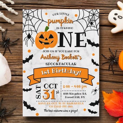 $1.98 | Little Pumpkin Turning One Halloween 1st Birthday - halloween, autumn, fall, typography, orange, spiders cobwebs, flying bats, little pumpkin turning one, 1st birthday, jack o'lantern Halloween First Birthday Party Boys, October 1st Birthday Boy, First Birthday Halloween Theme, Pumpkin Turning One, Elmo Halloween, Fall Typography, Blueberry Birthday, Bday Themes, Spooky Birthday