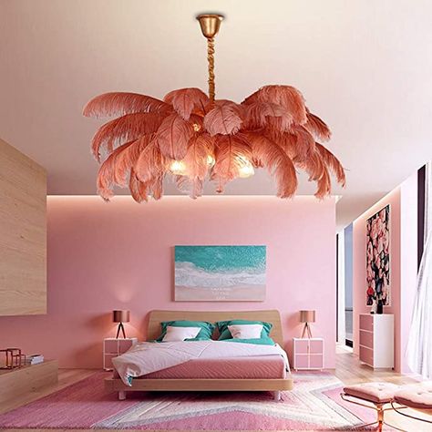 Modern Large Feather Pendant Light,Creative Art Chandelier with Ostrich Hair Lampshade,Luxury Decorative Pendant Lamp for Bedroom Kitchen Restaurant Living Pink Diameter120cm(47inch) - - Amazon.com Feather Light Shade, Pink Floor Lamp, Dinning Room Art, Red Floor Lamp, Chandelier Decorations, Feather Chandelier, Chandelier Living Room Modern, White Floor Lamp, Chandelier Bedroom