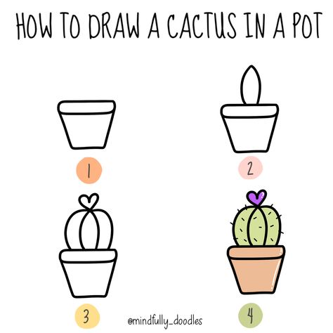 Follow the step by step guide on how to draw a cactus in a pot How To Draw A Cactus Easy, Cactus Easy Drawing, How To Draw A Cactus, Drawing Cactus Easy, Easy Plant Doodles Step By Step, Succulent Drawing Simple Step By Step, Kawaii Cactus Drawing, Plant Doodle, Cactus Drawing