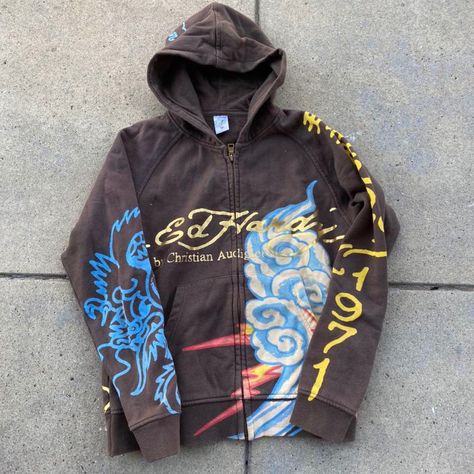 Ed Hardy Hoodie, Vintage Ed Hardy, Brown Hoodie, Winter Inspo, Zip Up Sweatshirt, Hoodie Zip, Sweatshirt Crewneck, Ed Hardy, Brown Sweater