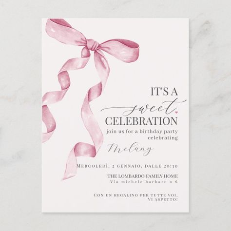 Pink Coquette Bow Girl Birthday Party Invitation Postcard | Zazzle Birthday Bow Decoration Ideas, Pink Coquette Birthday Decorations, Pink Birthday Inspiration, Cute And Simple Birthday Decorations, Light Pink And Gold Birthday Party, 15 Birthday Party Invitations, Pink Party Invites, Bow Decor Party, 15 Birthday Decor