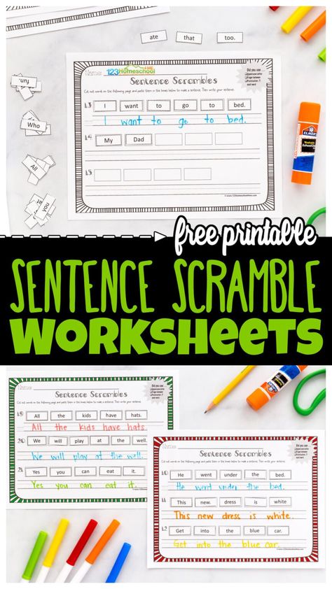 Help kids practice building sentences with sentence scramble! The free printable sentence scramble worksheet pack allows kindergarten, first grade, and 2nd graders to practice building sentences one-word-at-a-time. Each of the  Scrambled sentences worksheet cut and paste have a word with a capital letter and a word that ends with punctuation for children to unscramble. The Unscramble Sentences Worksheet pages include  pre-primer and primer sight words to make it easy for children to read the ... Free Sentence Pyramids, Scrambled Sentences Worksheet, Unscramble Sentences, Sentence Unscramble, Sentences Kindergarten, Sentence Building Worksheets, Writing Sentences Worksheets, Sentences Worksheet, Types Of Sentences Worksheet