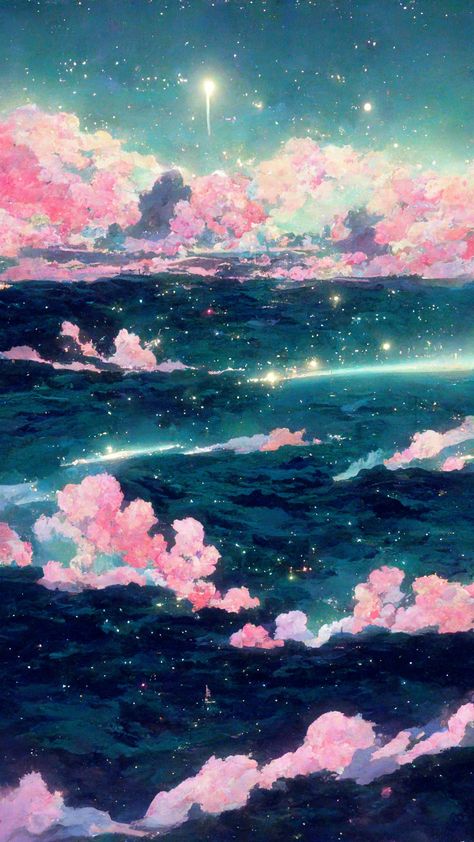 Anime Stars Aesthetic, Ocean Space Aesthetic, Teal Anime Wallpaper, Teal And Pink Aesthetic, Teal Anime Aesthetic, Pink And Teal Aesthetic, Teal Space Aesthetic, Ocean Waves Anime Wallpaper, Starlight Wallpaper