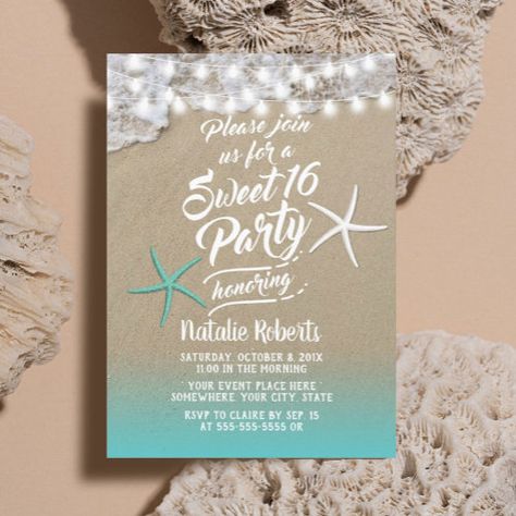 Sweet 16 Tropical Summer Beach Starfish for $2.80 - Birthday Invitations Summer Birthday Themes, Beach Birthday Invitations, Tropical Birthday Invitations, Luau Party Invitations, Summer Birthday Invitations, Elegant Birthday Invitations, Bday Party Invitations, Beach Party Invitations, Summer Invitation