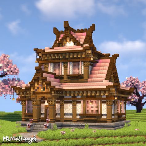 A Minecraft Cherry Blossom Japanese House with a full Interior! You can download this build on my Patreon, just follow the link! Cute Japanese Minecraft Houses, Cute Cherry Minecraft House, Minecraft Japanese Builds Interior, Cool House Minecraft, Spruce Cherry Blossom House Minecraft, Minecraft Building Ideas Japanese House, Minecraft Japanese House Easy, Minecraft Teddy Bear Build, Warped House Minecraft