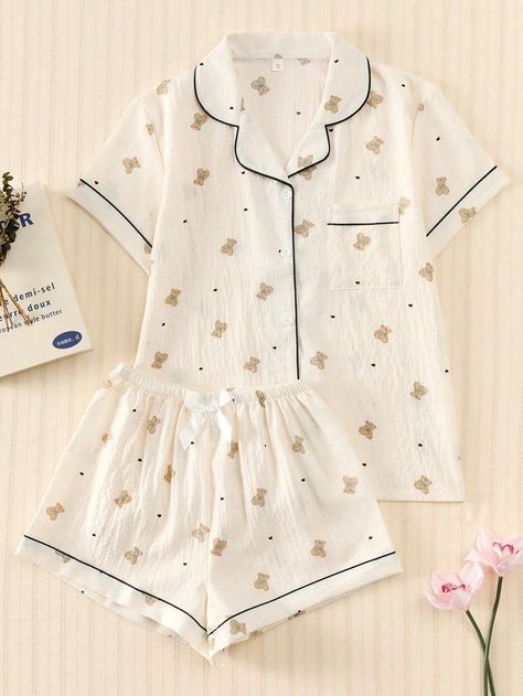 2pcs/Set Women's Teddy Bear Printed Summer Pajama Set, Short Sleeve Button-Down Shirt And Shorts, Casual Loungewear For Summer. Apricot Casual-Young    Animal,Plants,All Over Print Short Sets Slight Stretch All Women Sleep & Lounge, size features are:Bust: ,Length: ,Sleeve Length: Cute Pajama Outfits, Pajamas Aesthetic, Silk Pjs, Summer Pajama Set, Cute Pjs, Cute Sleepwear, Cute Pajama Sets, Pajama Outfits, Aesthetic Dress