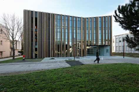 Forest-Wood-Paper Higher Institute // Patrick Arotcharen - Architizer Journal Factory Architecture, Wood Facade, Facade Architecture Design, Parametric Architecture, Education Architecture, Facade Architecture, Facade Design, Green Roof, Food Industry