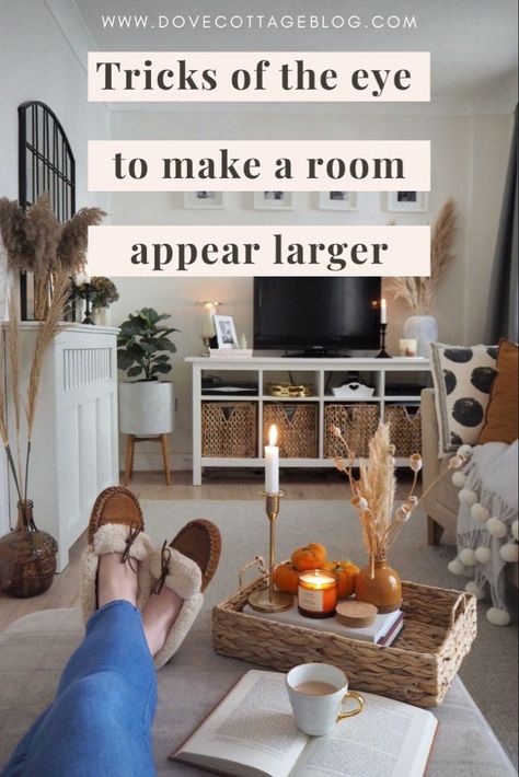 7 tricks of the eye to make your home appear bigger | Dove Cottage -  #Bigger #Cottage #Dove #Eye #home #Tricks Check more at https://ifoundaideas.com/homedecor/7-tricks-of-the-eye-to-make-your-home-appear-bigger-dove-cottage/ Small Duplex Decorating Ideas, Living Room Lighting Small Spaces, Create Space In A Small Room, Small Room Hacks Diy, Lighting To Make A Room Look Bigger, Minimalist Small Apartment Living Room, Entryway Living Room Combo Entrance, Small Space Farmhouse Living Room, Small And Cozy Living Room