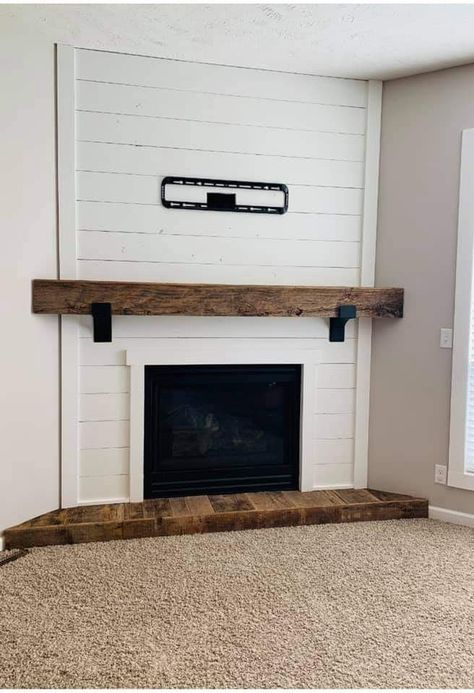 Faux Fireplace Diy Corner, Corner Built In For Tv Fireplace, Corner Mantle With Tv, Corner Fireplace Living Room Farmhouse, Diy Fireplace Corner Wall, Diy Corner Shiplap Fireplace, Faux Corner Fireplace With Tv, Diy Fireplace Tv Wall Corner, Corner Built In Fireplace And Tv Diy