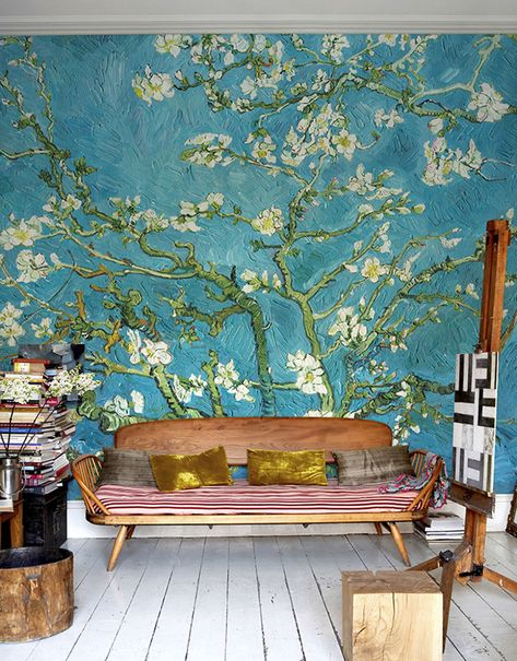 These 20 Mesmerizing Wall Murals Inspired By Masterpieces Will Teach You Some Art History | Bored Panda Van Gogh Interior, Mural Inspiration, Van Gogh Almond Blossom, Large Scale Art, Wallpaper Companies, Interior Wallpaper, Almond Blossom, Minimalist Room, Up House