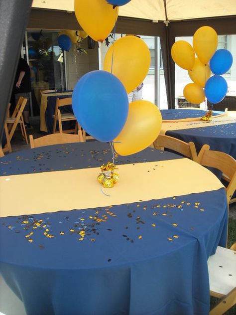 Simple and fast just what I need! Blue And Gold Grad Party Ideas, Blue And Gold Graduation Party Decor, Blue And Gold Graduation Party Ideas, Blue And Gold Graduation Party, College Graduation Decorations, End Of School Party Ideas, End Of School Party, School Party Ideas, College Grad Party