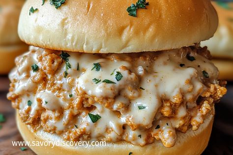 Chicken Alfredo Sloppy Joes Honey Garlic Chicken Sloppy Joes, Chicken Parmesan Sloppy Joes, Chicken Sloppy Joes Crock Pot, Alpha Gal Appetizers, Chicken Alfredo Sloppy Joes, Sloppy Joe Ideas Twists, Shaved Chicken Recipes, Sandwich Types, Ground Chicken Recipe