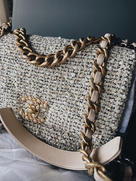 Chanel 19 in Cookies and Cream Tweed Chanel Tweed Bag Outfit, Chanel 19 Tweed Bag, Cream Bag Outfit, Tweed Bag Outfit, Chanel 19 Tweed, Chanel Tweed Bag, Chanel Bag Outfit, Chanel 19 Bag, Chanel Handbags Classic