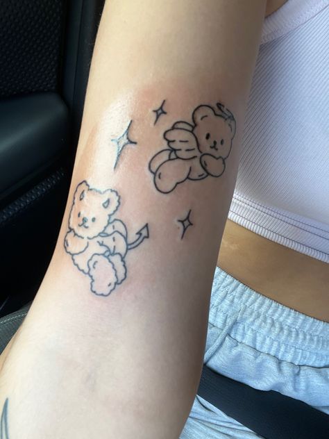 Angel Bear Tattoo, Matching Teddy Bear Tattoos, Bear Angel Tattoo, Cute Linework Tattoo, Bunny Teddy Tattoo, Angel Cow Tattoo, Cute Angel Tattoo, Devil Angel Tattoo, Kawaii Bear Tattoo