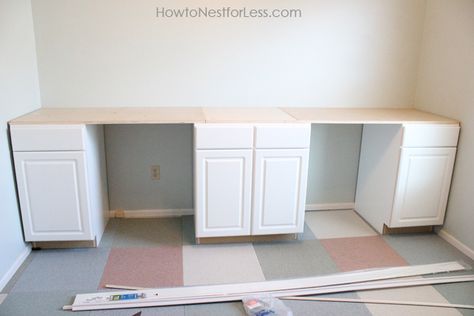 Diy Desk For Two, Diy Craft Room Desk, Diy Crafts Desk, Desk For Two, Craft Room Desk, Double Desk, Old Kitchen Cabinets, Diy Craft Room, Scrapbook Room