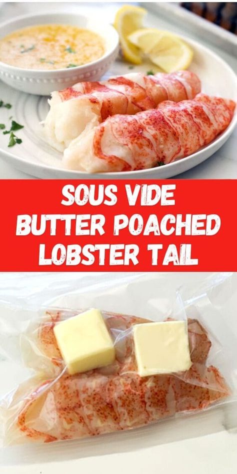 Sous vide lobster tail cooked and uncooked. Poached Lobster Tail, Sous Vide Lobster, Sous Vide Lobster Tail, Fancy Dinner At Home, Butter Poached Lobster Tail, Lobster Tail Recipe, Cook Lobster, Butter Poached Lobster, Carne Asada Recipes