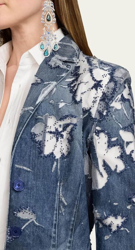 Oversized Blazers, Embellished Denim Jacket, Denim Art, Cocktail Jacket, Embellished Denim, Ralph Lauren Collection, Bead Embroidery, Floral Motifs, Denim Fabric