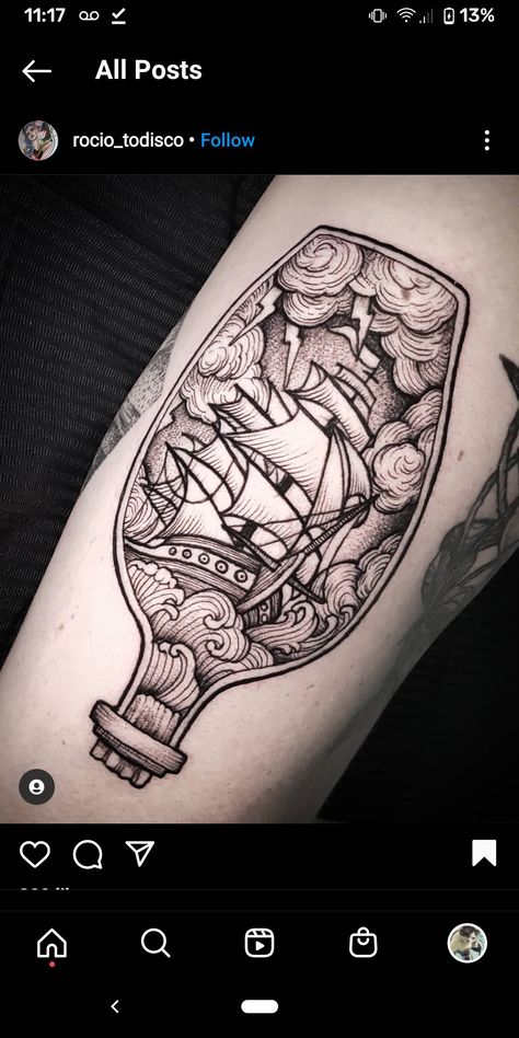 Alcohol Bottle Tattoo, Ship In A Bottle Tattoo, In A Bottle Tattoo, Ship In A Bottle, Bottle Tattoo, Alcohol Bottles, Skull Tattoo, Lighthouse, Old School