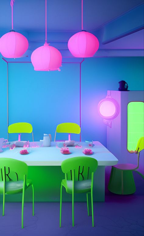 Neon Pink Interior, Alien Interior Design, Vaporwave Nostalgia, Neon Interior Design, Pink Dinner Party, Neon Office, Funky Interior Design, Pastel Interior Design, Lavender Color Palette