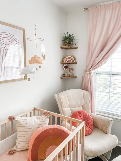 Target Nursery Girl, Blush Pink Rainbow Nursery, Pink Pastel Nursery, Nursery Over Crib Decor, Boho Crib Decor, Nursery Decor Pink, Boho Nursery Dresser Decor, Boho Rainbow Nursery Theme, Boho Nursery Shelf Decor