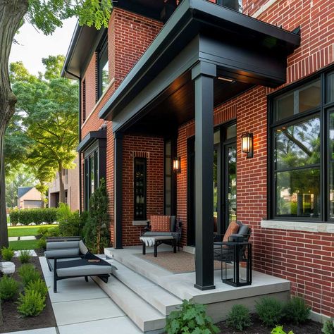 Beautify Your Red Brick Home with These Front Porch Concepts • 333+ Images • [ArtFacade] Garage Door With Red Brick House, Red Brick Homes With Black Trim, Black Trim Red Brick House, Brick And Stacked Stone House Exterior, Red Brick House Entrance, Red Brick Stone House Exterior, Modernize Red Brick Exterior, Modernizing Red Brick Exterior, Brick House Front Porch Decor