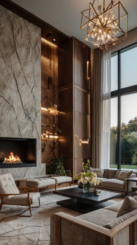 Luxury Great Room Ideas, Modern Two Story Fireplace, Grand Fireplace Ideas Living Rooms, Porcelain Fireplace Surround, Ski Chalet Fireplace, Quartz Fireplace Wall, Marble Fireplace Wall, Modern Victorian Decor, Luxury Living Rooms