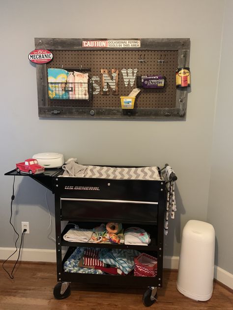 Fast And Furious Nursery, Tool Box Changing Table Boy Rooms, Garage Theme Nursery, Mechanic Themed Nursery, Tool Box Changing Table, Car Nursery Ideas Boy, Mechanic Nursery Theme, Mechanic Nursery, Car Theme Nursery