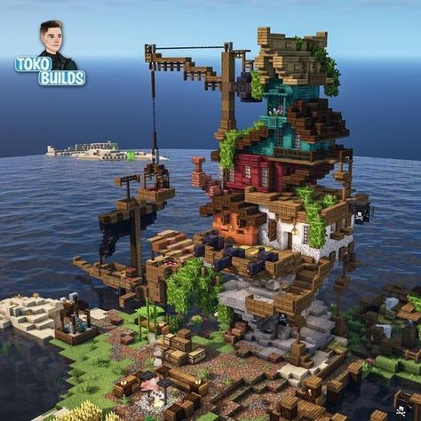 Minecraft Pirate Cove Ideas, Minecraft Raft Base, Minecraft Kraken Build, Small Mangrove House Minecraft, Minecraft Pirate Ship House, Minecraft Ocean Base Ideas, Pirate Town Minecraft, Minecraft Ship House, Pirate Cave Minecraft