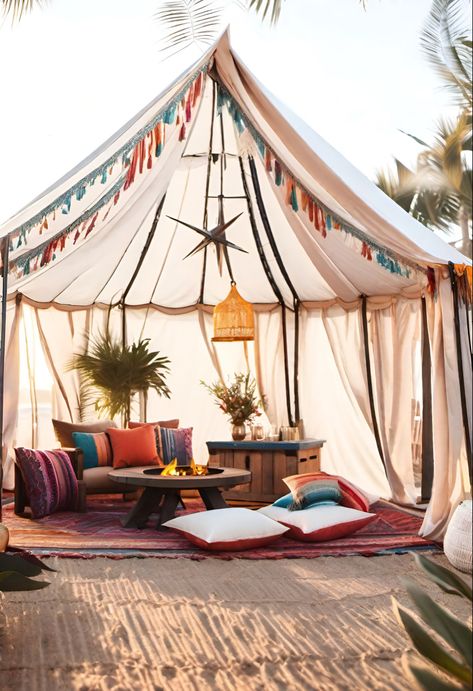 Festival Tent Decoration, Bell Tent Interior Ideas, Tp Tent, Bohemian Exterior, Scaffold Shelving, Cosy Tent, Bell Tent Interior, Arabian Tent, Moroccan Tent